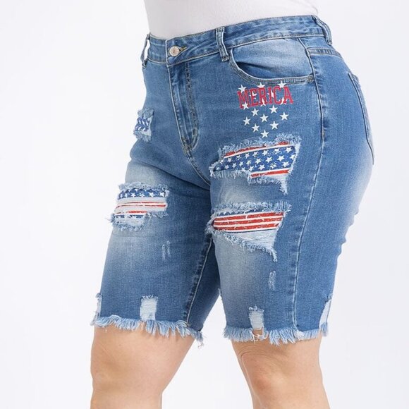 Light Blue Distressed Denim Bermuda Shorts Patriotic - Picture 4 of 10